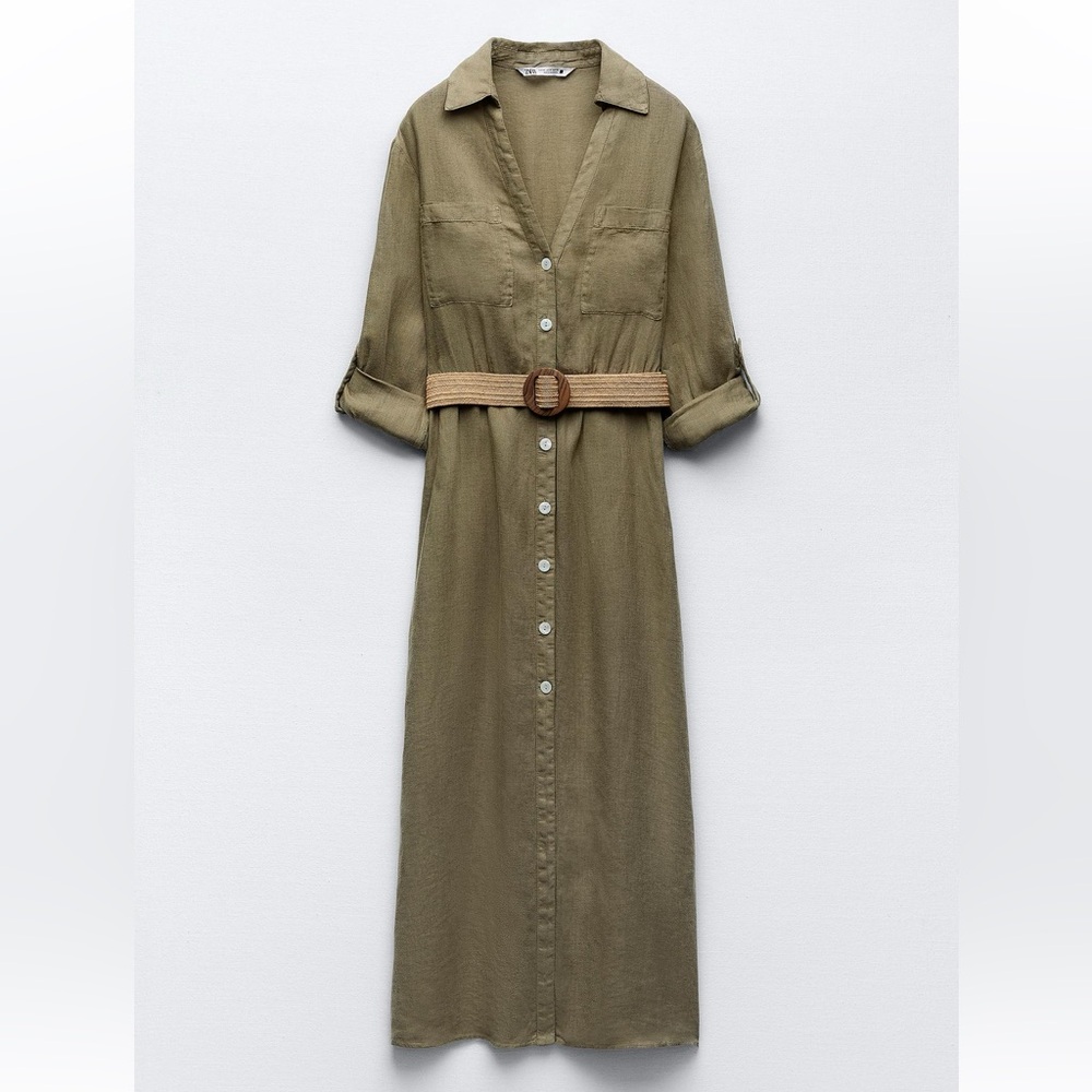 Zara Olive Green Linen Button-Up Shirt Dress